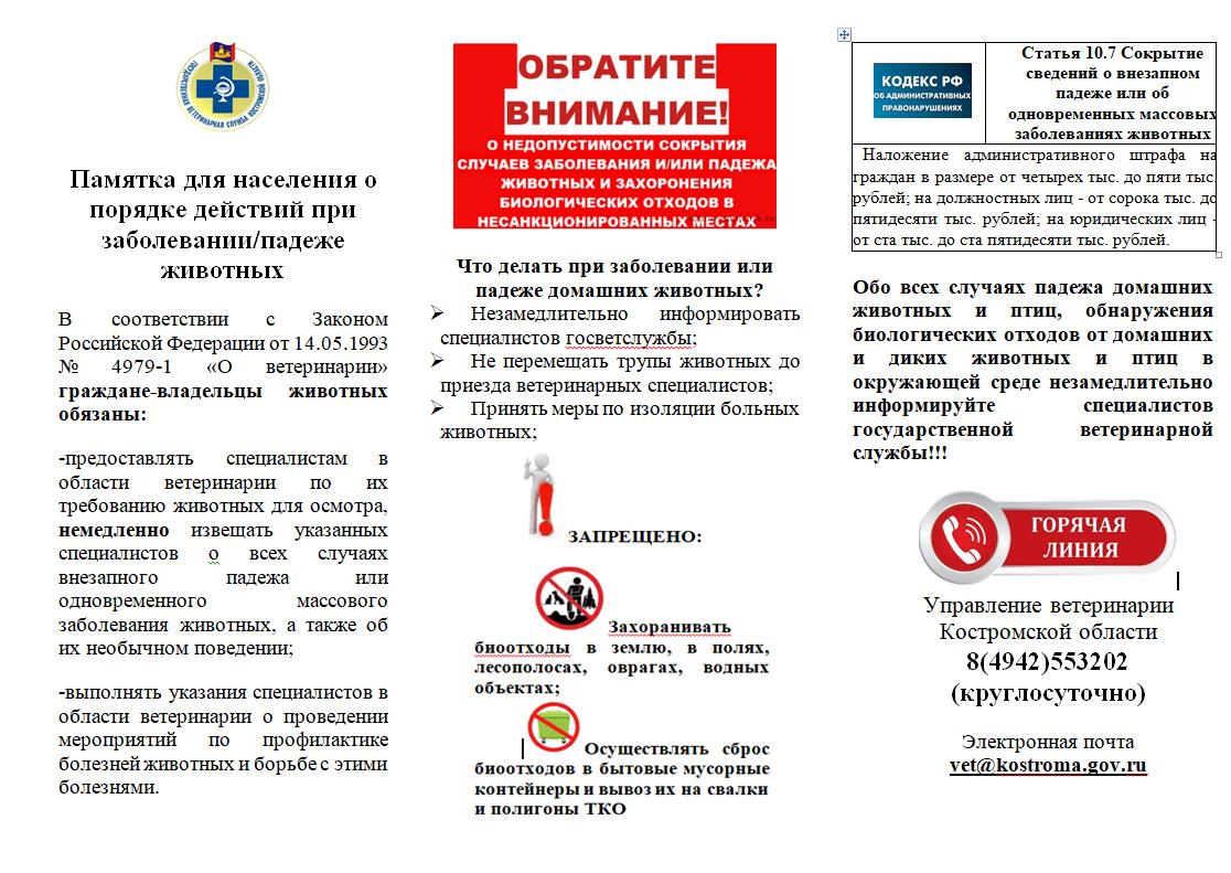 Памятка для населения о порядке действий при заболевании/падеже животных